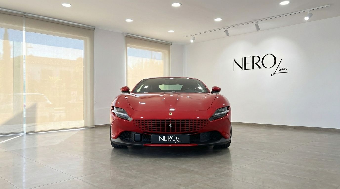 The striking red Ferrari Roma 2025 is showcased from the front in a bright showroom with the NEROline logo in Valencia.