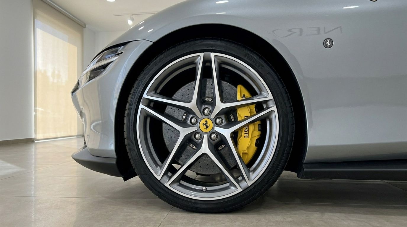 La rueda delantera del Ferrari Roma 2022, mostrando su distintiva llanta de aleación plateada y pinza de freno amarilla, en Madrid.