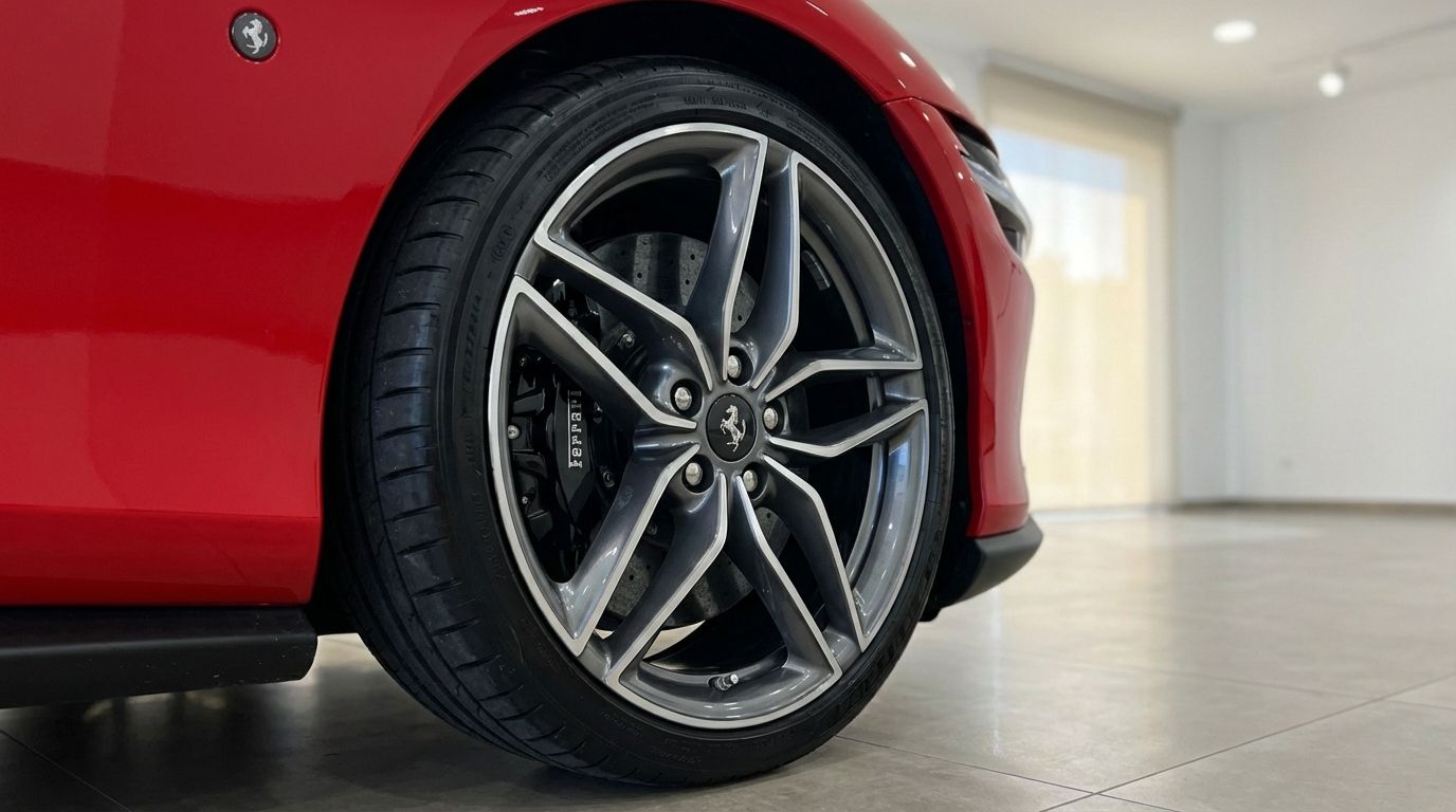 A close-up view of the red Ferrari Roma's front wheel, showcasing its grey multi-spoke rim and brake caliper, in Valencia.