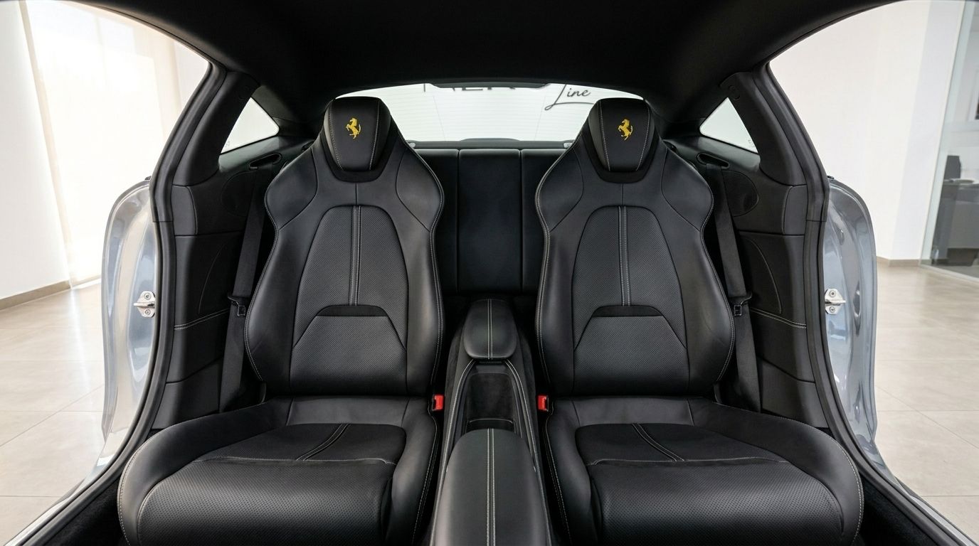 Los lujosos asientos delanteros de cuero negro con costuras blancas y logos de Ferrari en el interior del Ferrari Roma 2022 en Madrid.