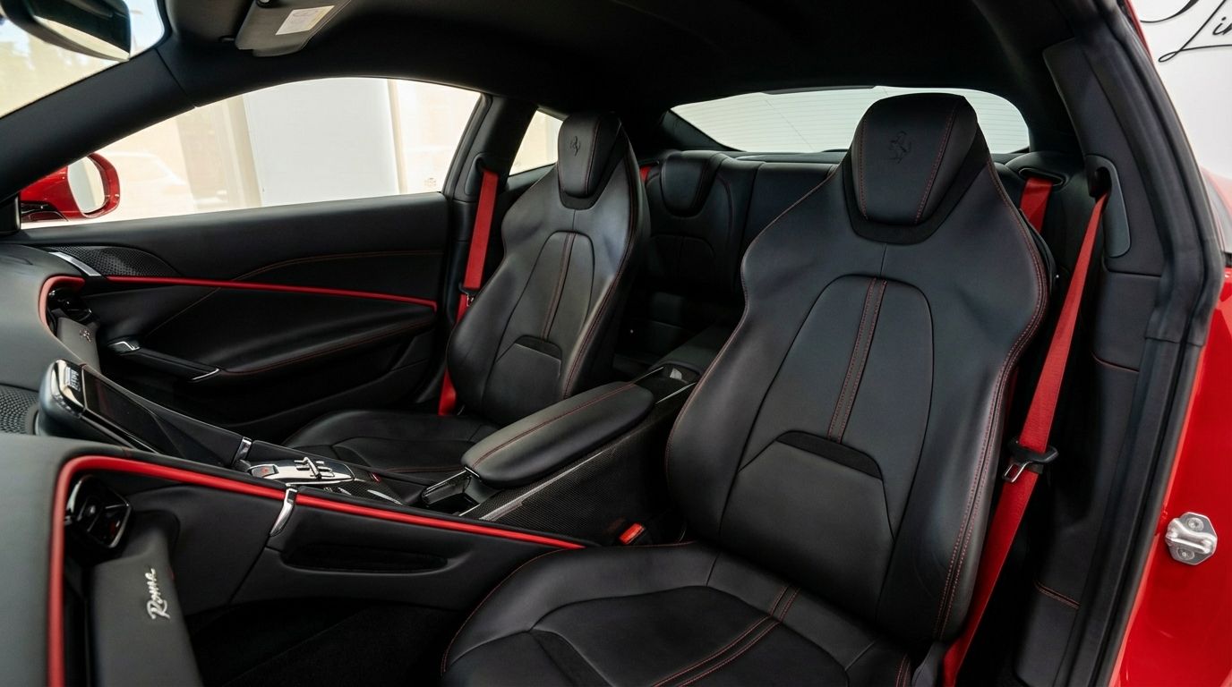 The Ferrari Roma's luxurious interior features black leather front seats with red stitching, red seatbelts, and a sleek center console in Valencia.