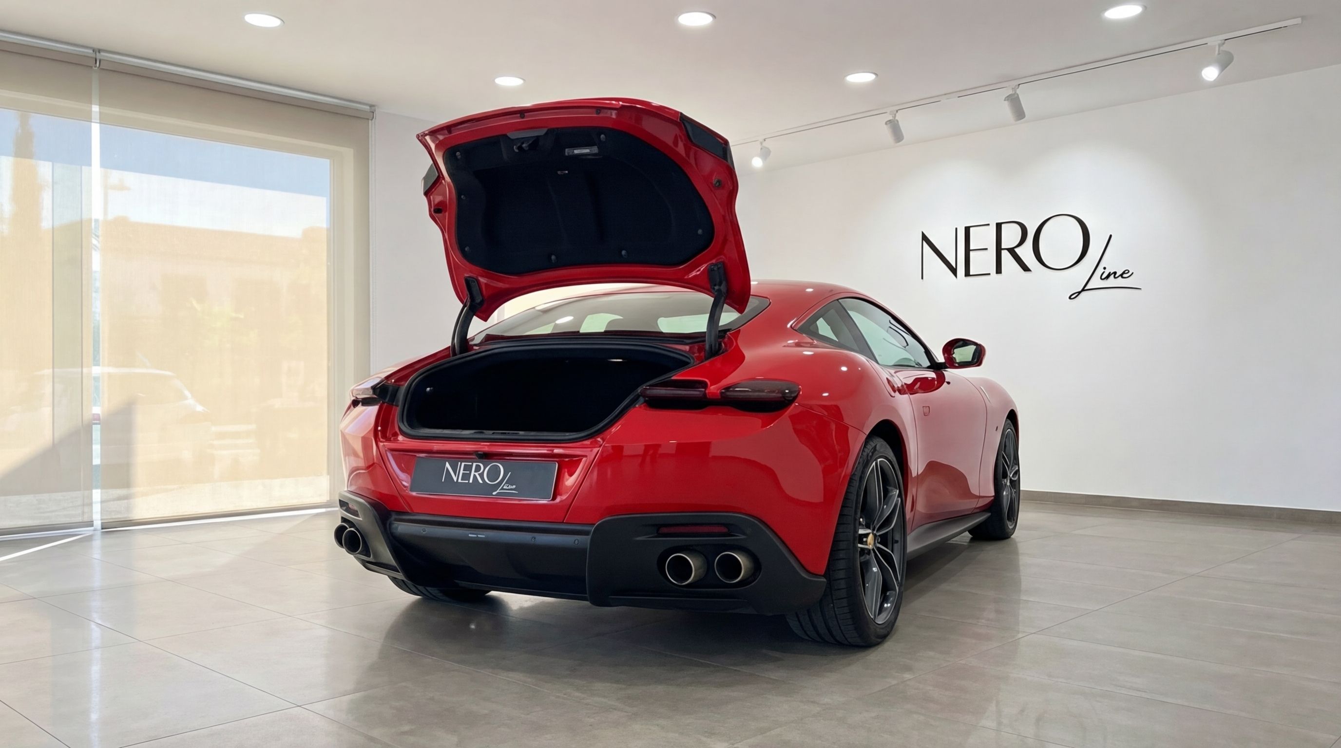 The striking red 2023 Ferrari Roma is displayed from the rear with its trunk open, inside a showroom in Barcelona.