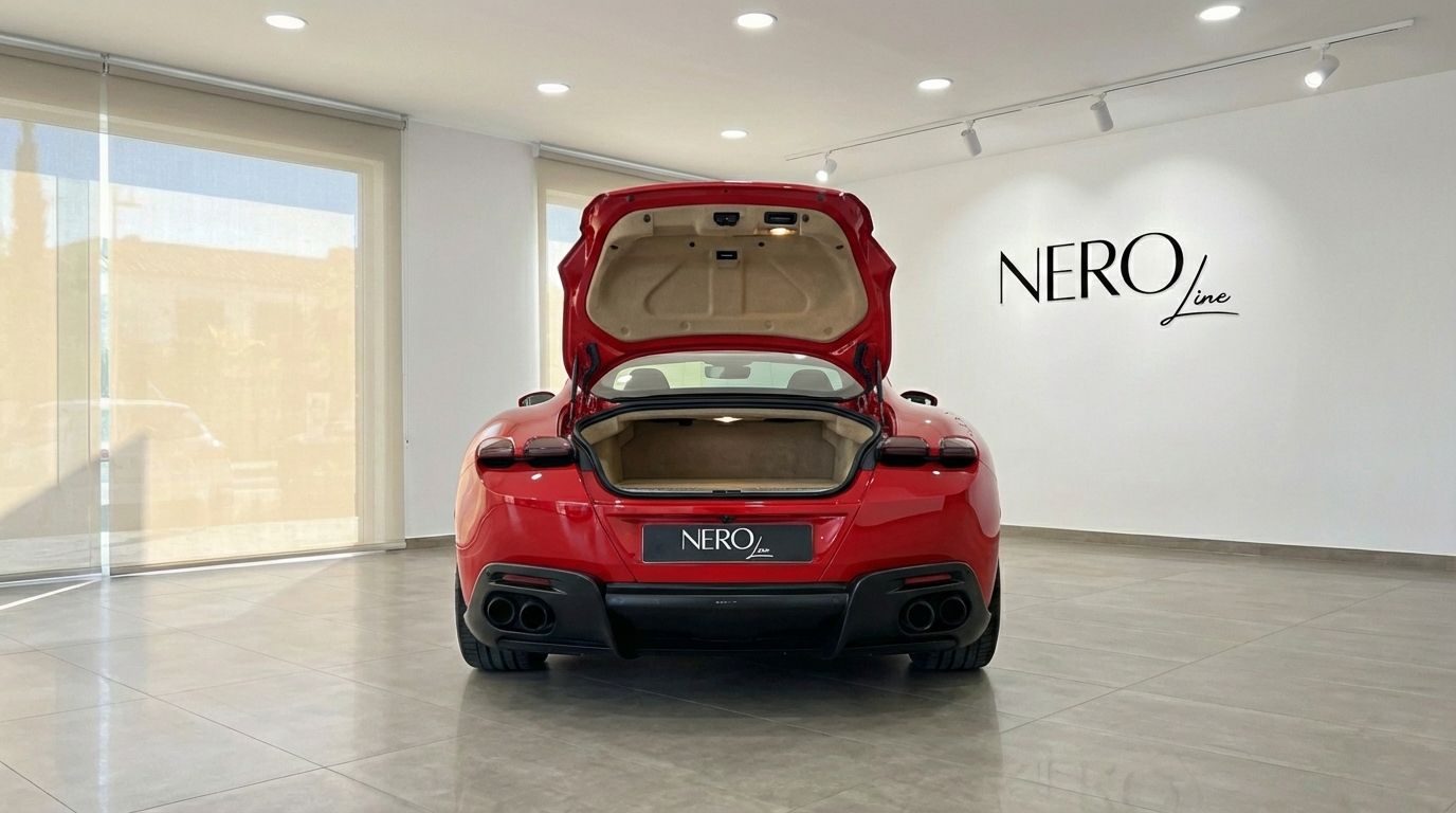 The red Ferrari Roma is shown from the rear with its trunk open, revealing the luggage compartment in a Valencia showroom.