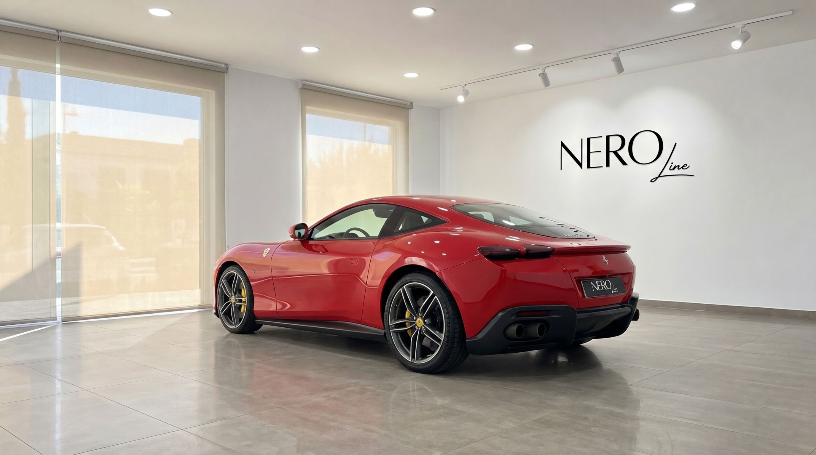 The racing red 2023 Ferrari Roma is elegantly displayed from a rear three-quarter view inside a bright, modern showroom.