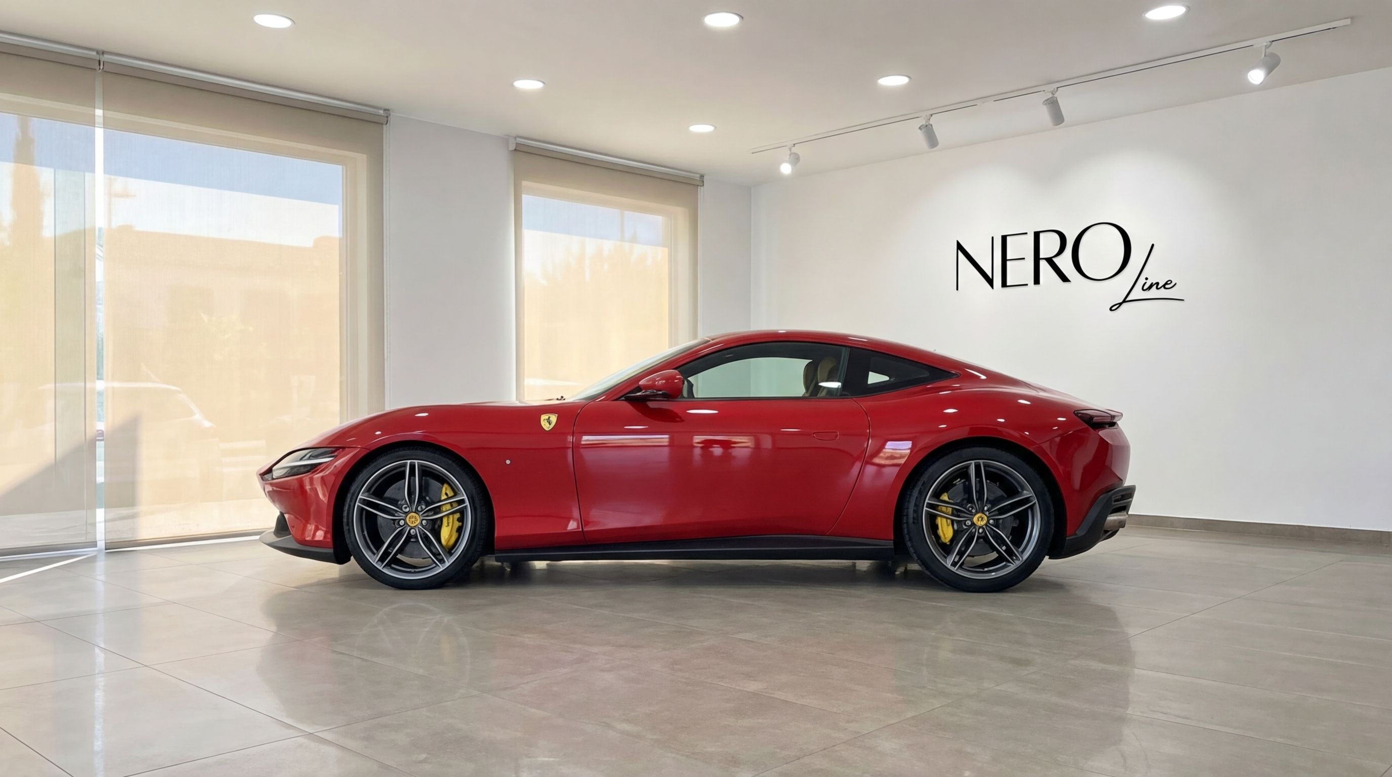 The red 2023 Ferrari Roma is showcased from its side profile in a showroom in Barcelona.