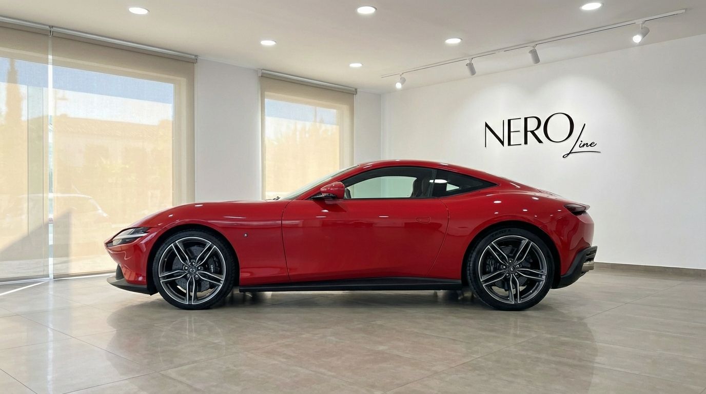 The red 2025 Ferrari Roma supercar is elegantly displayed from a side profile in a showroom in Valencia.
