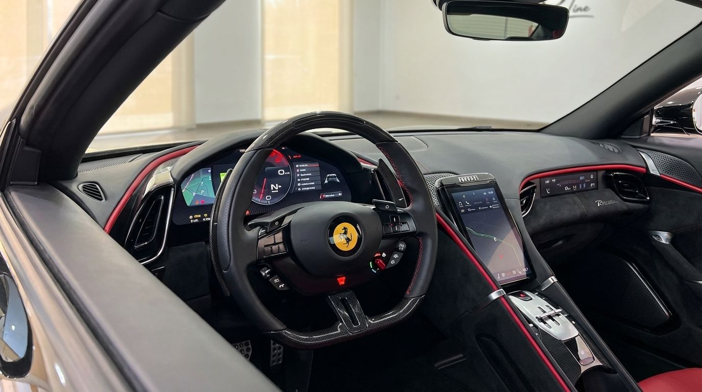 Il lussuoso interno dell'abitacolo della Ferrari Roma Spider Black 2025, con volante, cruscotto digitale e schermo centrale di infotainment a Madrid.