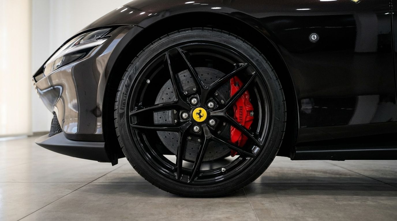 Primo piano della ruota anteriore della Ferrari Roma Spider Black, che mostra il suo elegante cerchio nero e la pinza freno rossa a Madrid.
