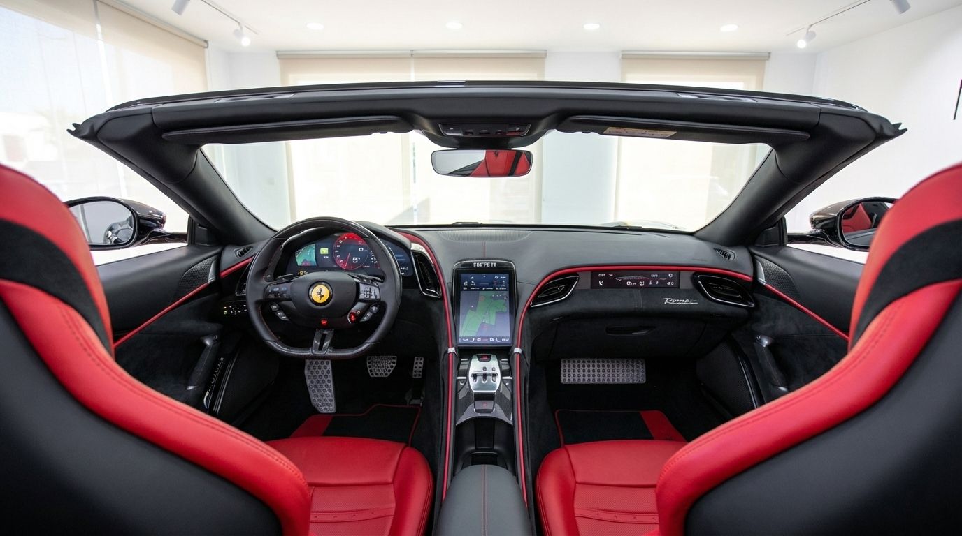 L'interno lussuoso della Ferrari Roma Spider Black 2025 a Madrid, con sedili in pelle rossa e nera, cruscotto dettagliato e console centrale.