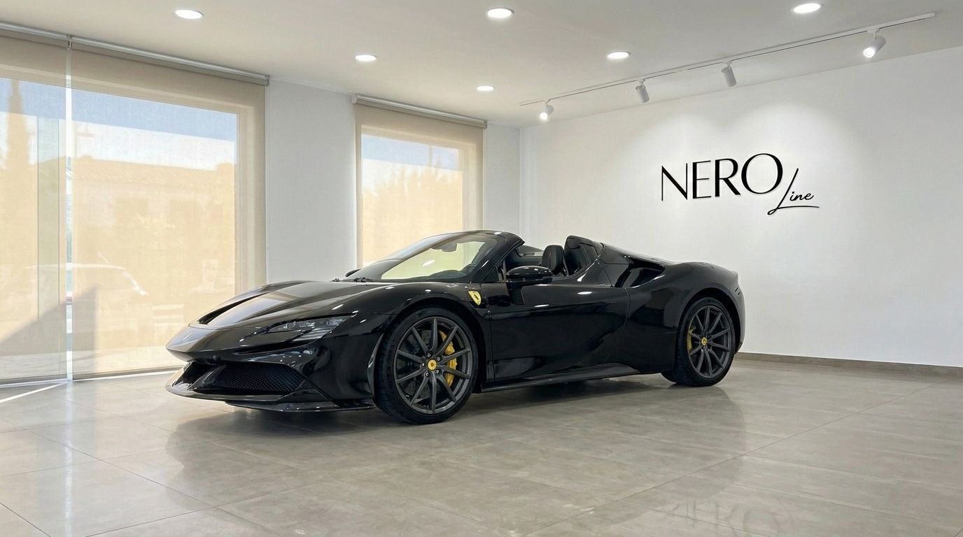 The black Ferrari SF90 Spider convertible is showcased from a front three-quarter view in a bright showroom in Ibiza.