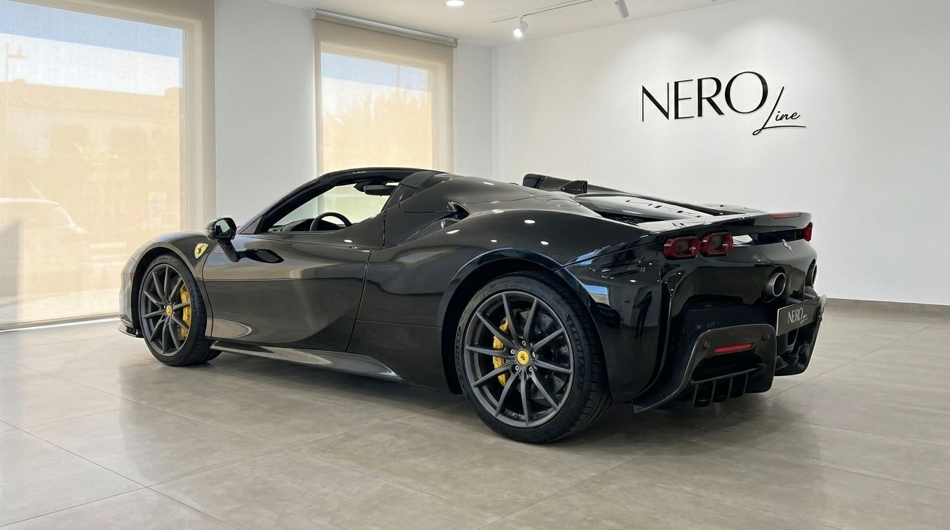 El elegante Ferrari SF90 Spider negro, con la capota bajada, se exhibe desde una vista trasera tres cuartos en un concesionario de Ibiza.