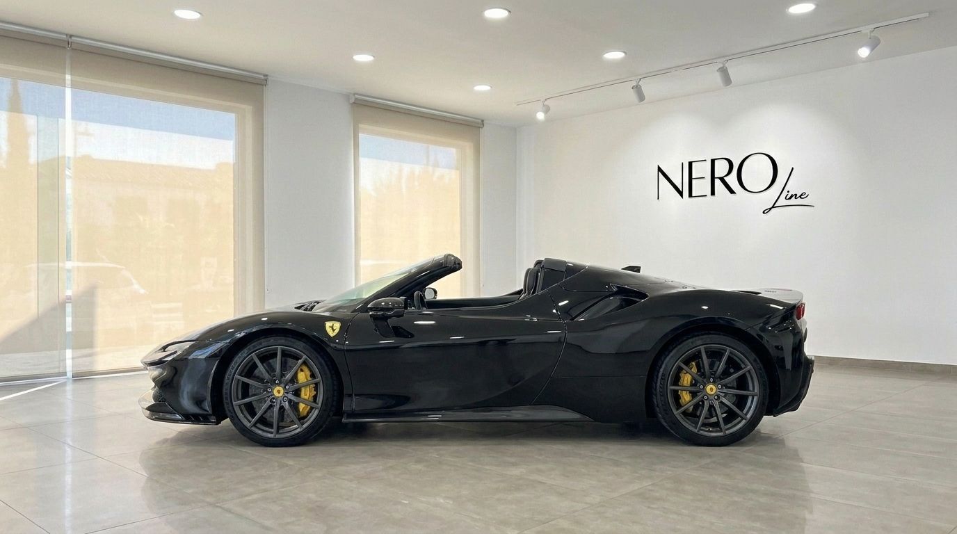 El elegante Ferrari SF90 Spider descapotable negro se exhibe de perfil en un moderno concesionario en Ibiza.