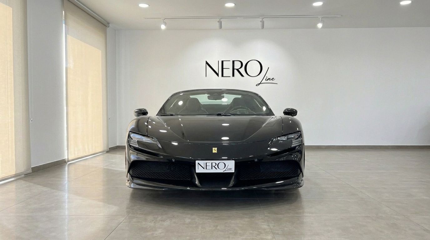 El elegante Ferrari SF90 Spider descapotable negro se exhibe prominentemente de frente en un salón interior en Ibiza.