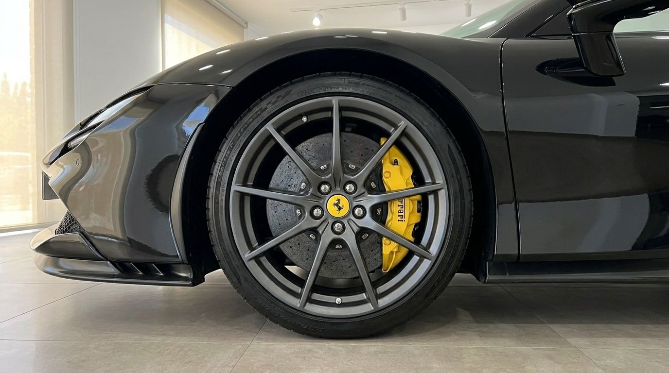 La rueda delantera del Ferrari SF90 Spider negro en Ibiza, mostrando su llanta gris oscuro y la vibrante pinza de freno amarilla.