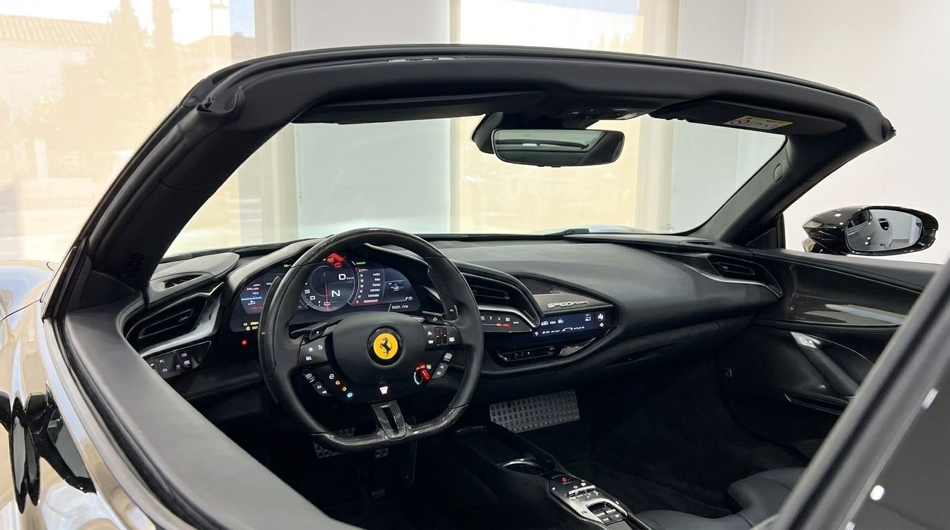 El lujoso interior negro y la avanzada cabina del Ferrari SF90 Spider, con su distintivo volante y tablero digital, disponible en Ibiza.