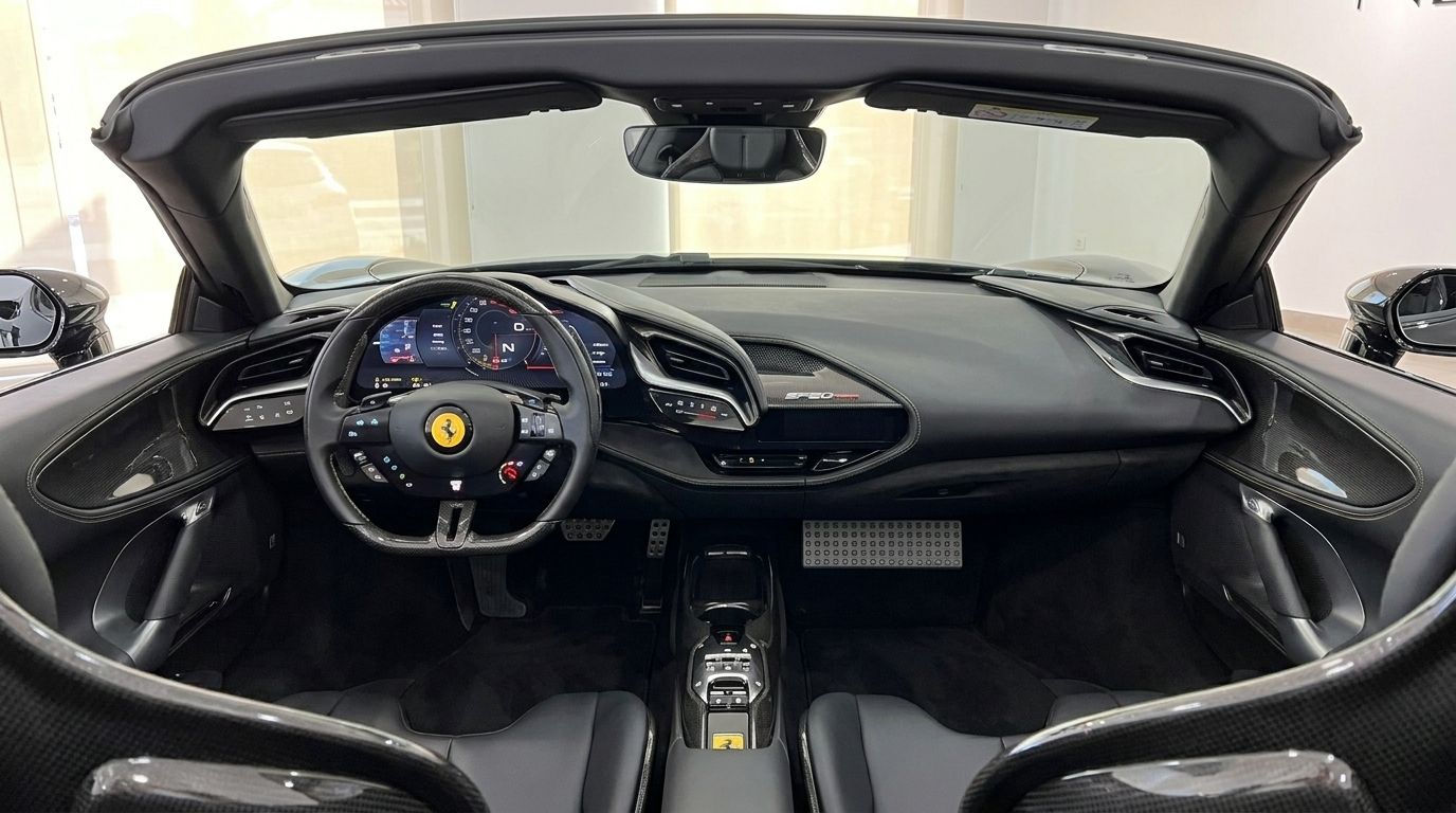 El lujoso habitáculo y salpicadero negro del Ferrari SF90 Spider, mostrando sus controles avanzados y diseño elegante en Ibiza.