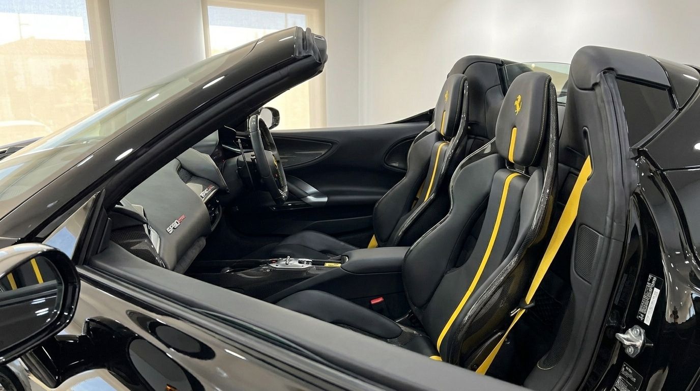 El lujoso interior negro del Ferrari SF90 Spider en Ibiza, con asientos deportivos y llamativos detalles amarillos y cinturones.