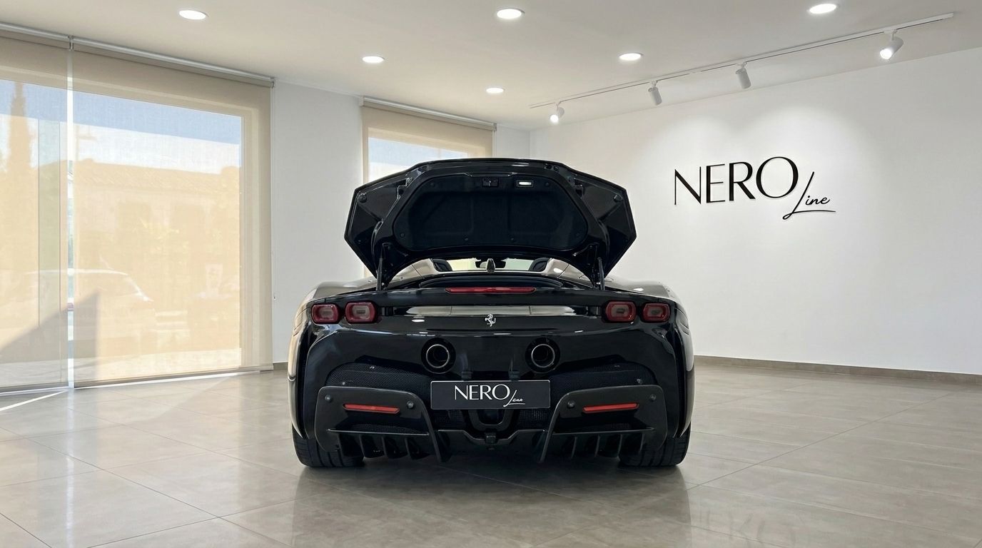 El Ferrari SF90 Spider negro se muestra desde la parte trasera con el compartimento del motor abierto, aparcado en un luminoso showroom en Ibiza.