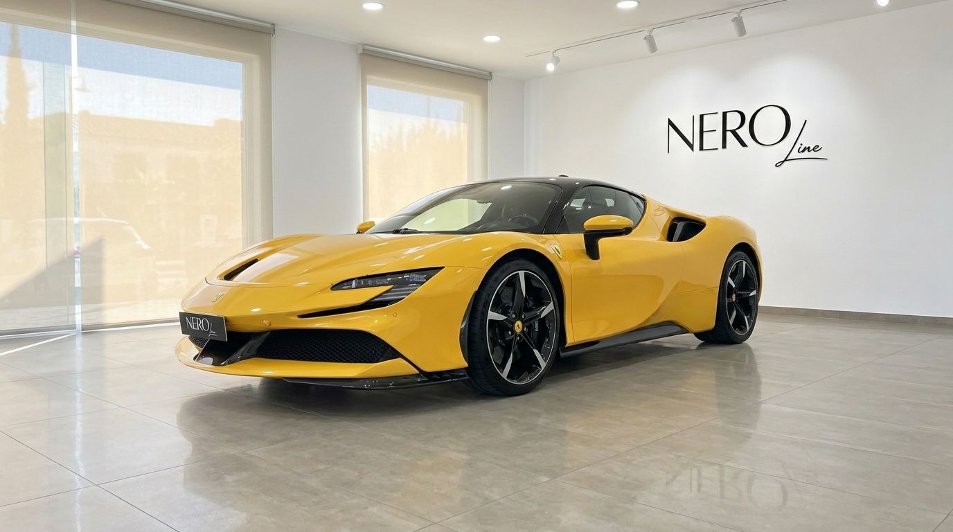 A gloss yellow Ferrari SF90 Stradale supercar is parked in a bright showroom in Ibiza, viewed from the front three-quarter angle.