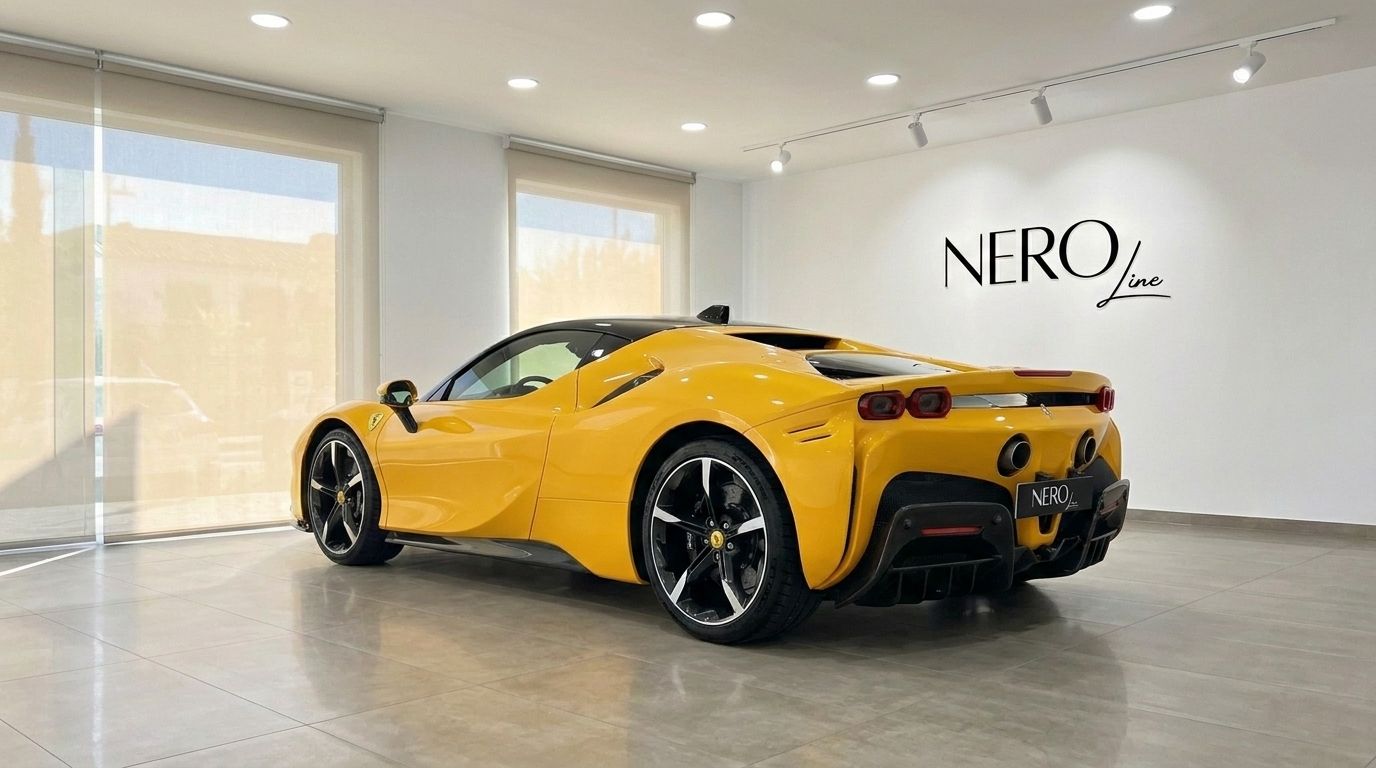 La Ferrari SF90 Stradale Giallo Lucido è parcheggiata in uno showroom, ripresa da un'angolazione posteriore a tre quarti a Ibiza.