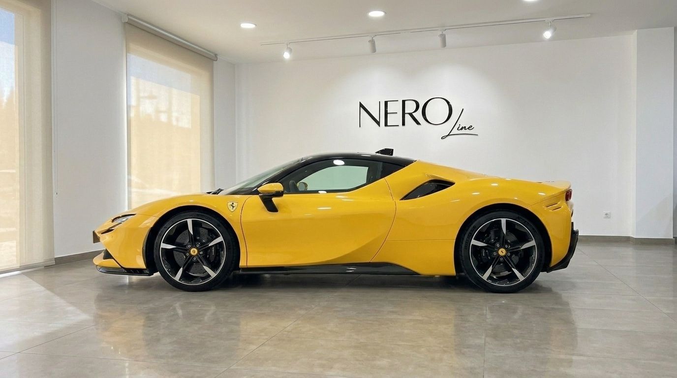 La supercar gialla Ferrari SF90 Stradale è parcheggiata in un luminoso showroom a Ibiza, mostrando il suo elegante profilo laterale.