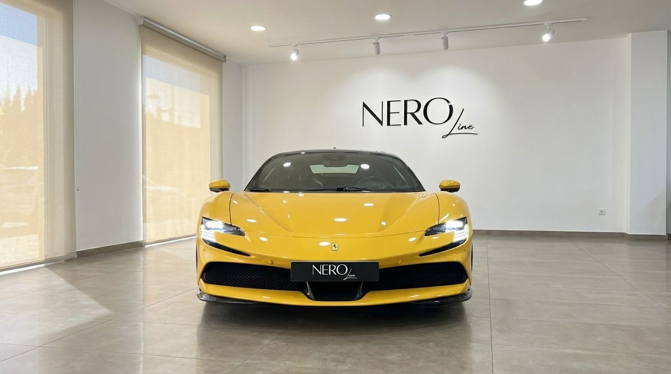 La Ferrari SF90 Stradale giallo brillante è esposta frontalmente in modo prominente in un moderno showroom a Ibiza.