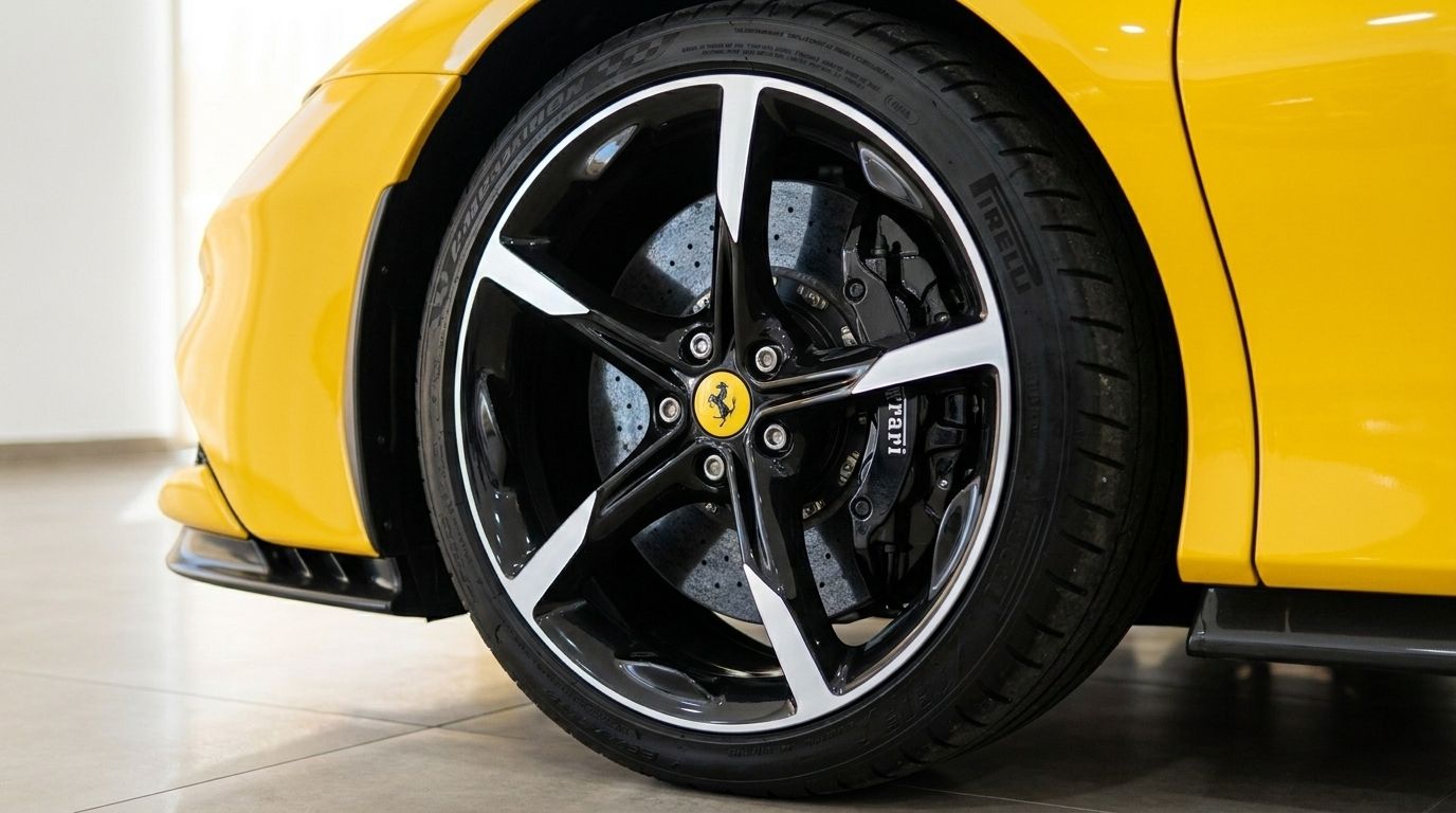 Primo piano della ruota anteriore della Ferrari SF90 Stradale giallo lucido, con il cerchio nero e argento e la pinza freno a Ibiza.