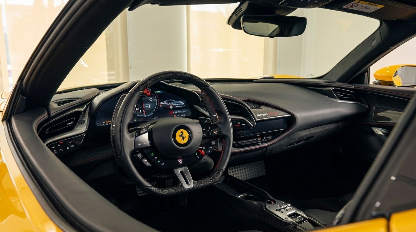 Il lussuoso abitacolo e cruscotto della Ferrari SF90 Stradale 2022 Giallo Lucido, disponibile per il noleggio a Ibiza.