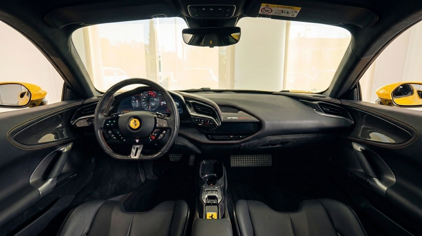 Il lussuoso abitacolo in pelle nera della Ferrari SF90 Stradale 2022 a Ibiza, con volante e cruscotto digitale.