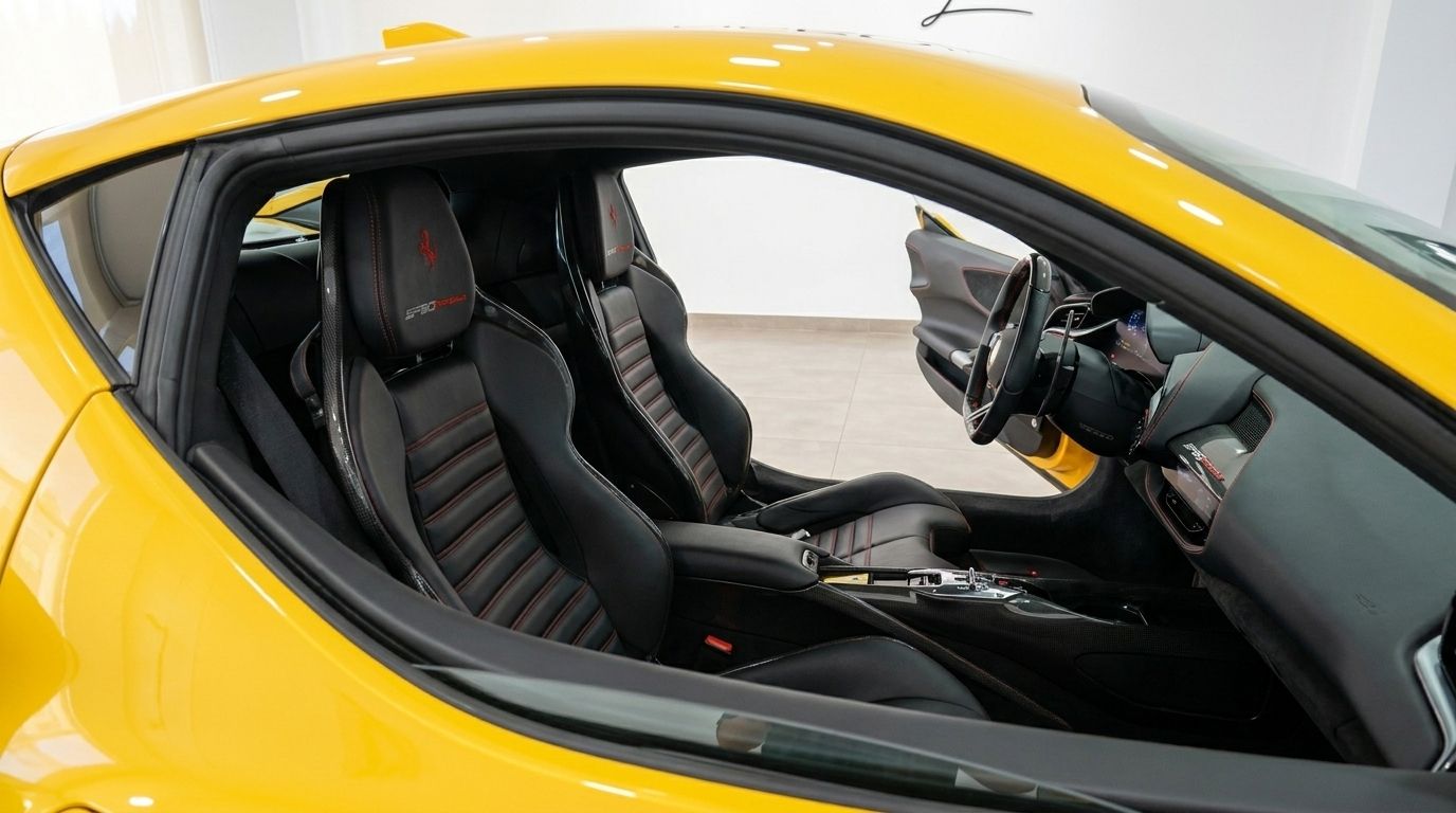 L'interno lussuoso della Ferrari SF90 Stradale a Ibiza, con sedili sportivi in pelle nera a cuciture rosse e il cruscotto visibile.