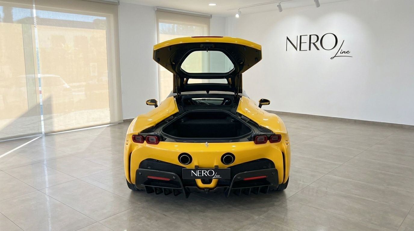 Vista posteriore di una Ferrari SF90 Stradale Giallo Lucido con il vano motore aperto, che mostra il suo design potente a Ibiza.