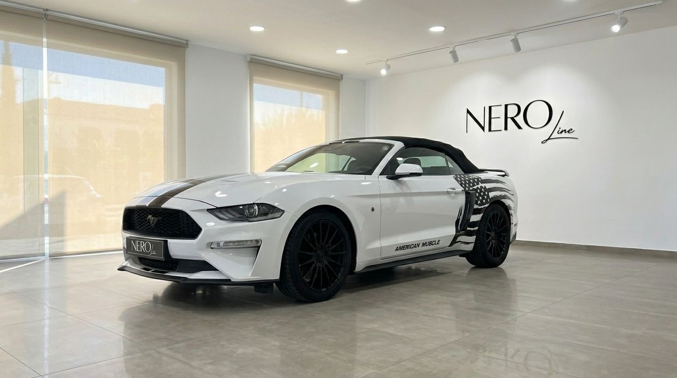 The white Ford Mustang 2.3 Convertible with black racing stripes and an American flag decal is parked indoors in Benidorm.