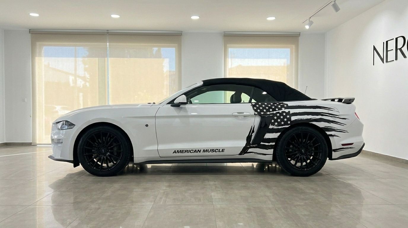 The white Ford Mustang 2.3 Convertible with a distressed American flag decal on its side is parked in a showroom in Benidorm.
