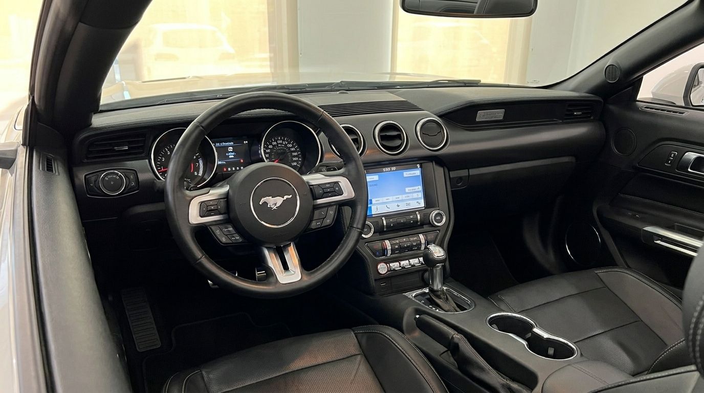 The luxurious interior of the Ford Mustang 2.3 Convertible in Benidorm, featuring its steering wheel, dashboard, and infotainment system.