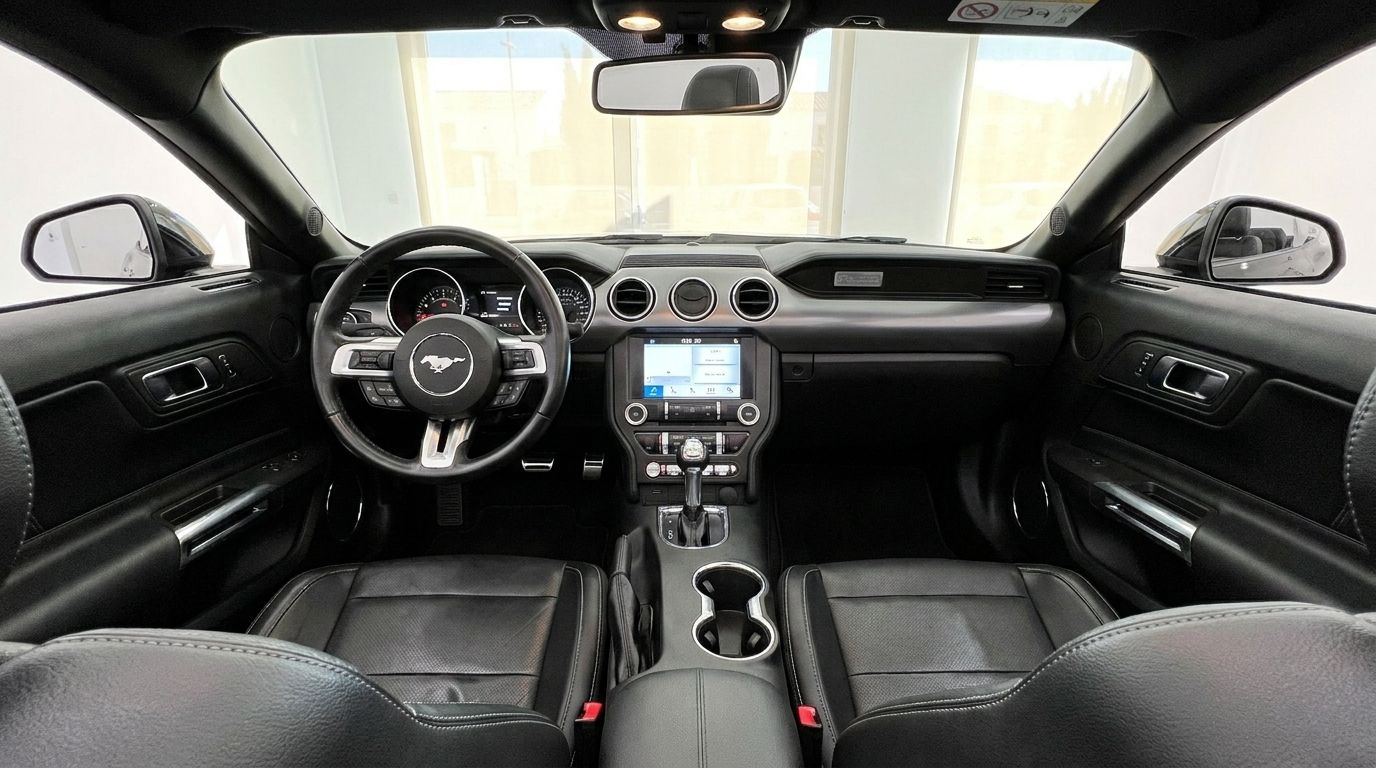 The interior cockpit of the 2020 Ford Mustang 2.3 Convertible in Benidorm, featuring black leather seats and a modern dashboard.