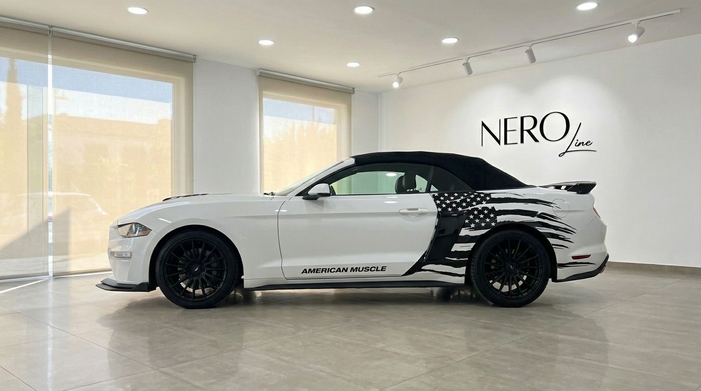 The white Ford Mustang 2.3 EcoBoost Convertible with a black American flag decal is parked indoors in Benidorm.