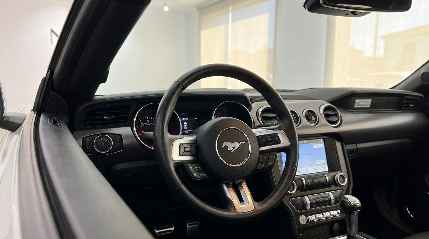 View of the Ford Mustang 2.3 EcoBoost Convertible's interior, showing the steering wheel, dashboard, and infotainment system in Benidorm.