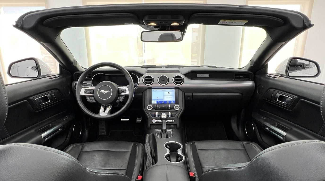 The interior cockpit of the Ford Mustang 2.3 EcoBoost Convertible in Benidorm, featuring the dashboard, steering wheel, and black leather seats.