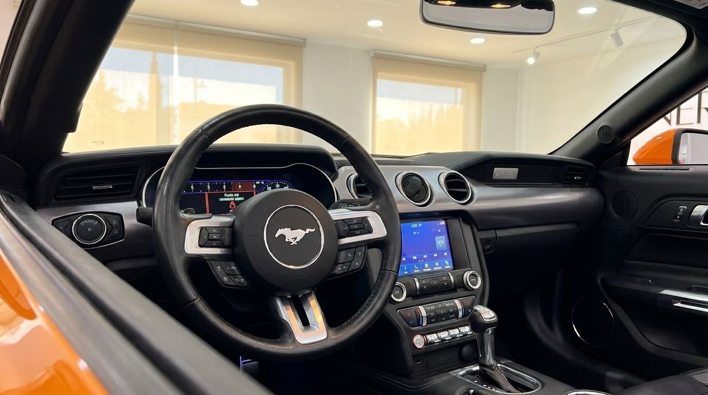 The luxurious interior of the Ford Mustang 2.3 EcoBoost Convertible in Alicante, showcasing the detailed cockpit, steering wheel, and infotainment system.