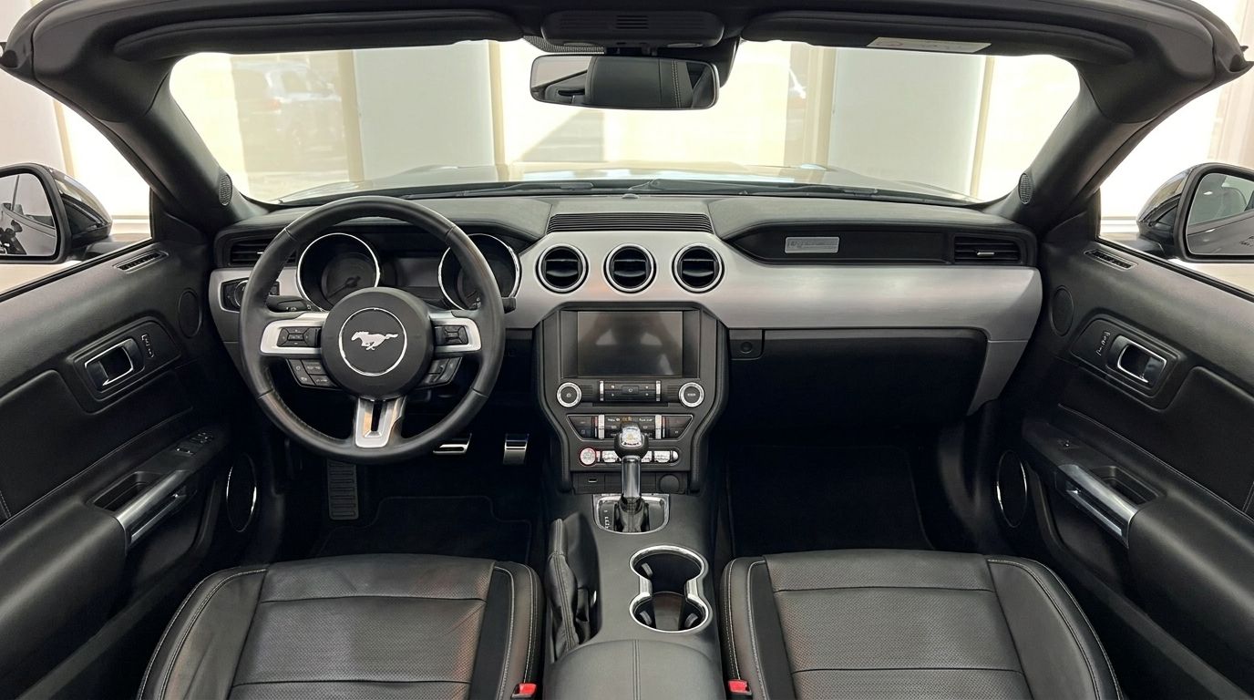 The luxurious cockpit of the Ford Mustang GT 5.0, featuring the steering wheel, dashboard, and black leather seats, available in Alicante.