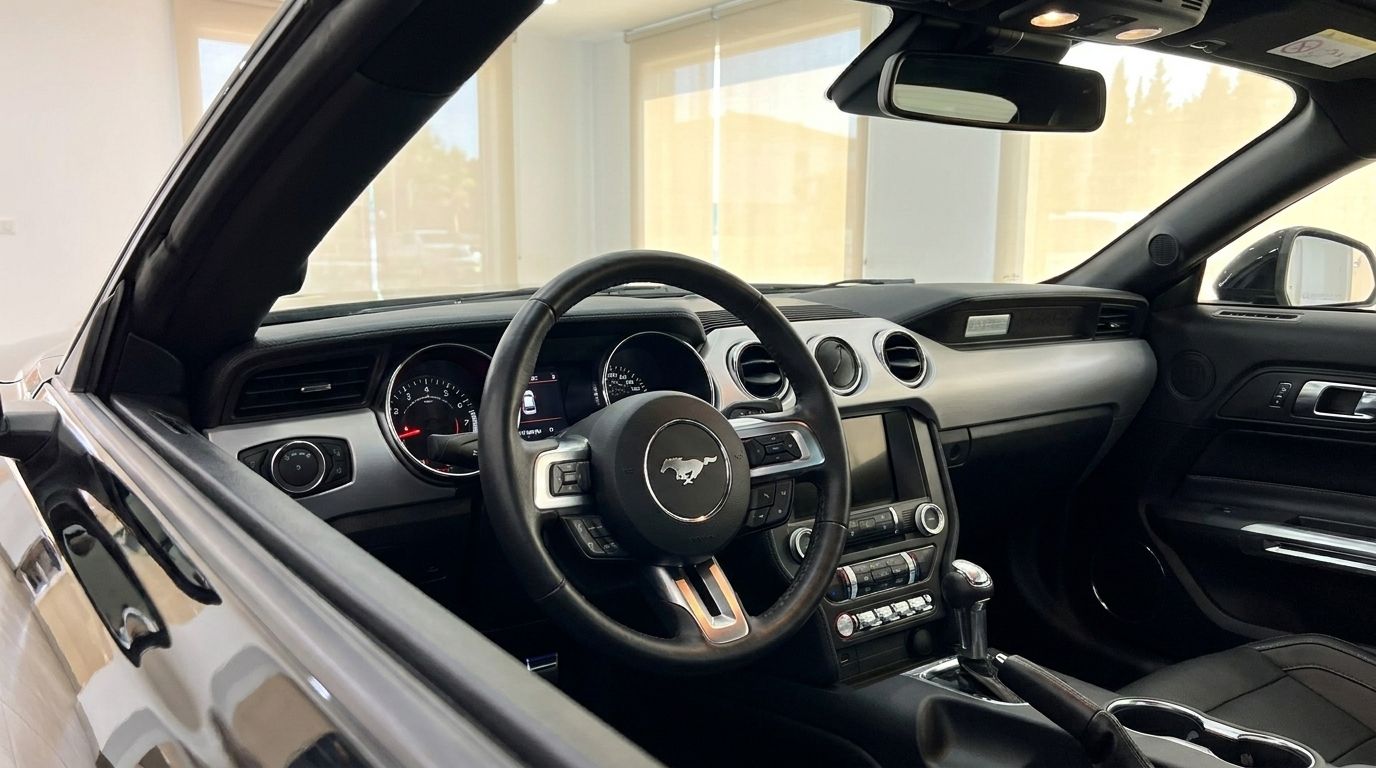 The luxurious interior of the Ford Mustang GT 5.0, showcasing the dashboard and steering wheel from the driver's perspective in Alicante.
