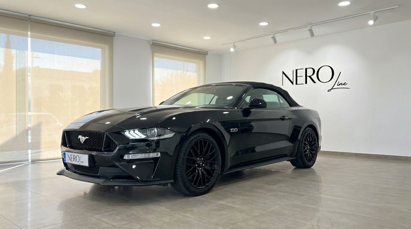 A sleek black Ford Mustang GT 5.0 convertible is displayed from a front three-quarter view in a bright Alicante showroom.