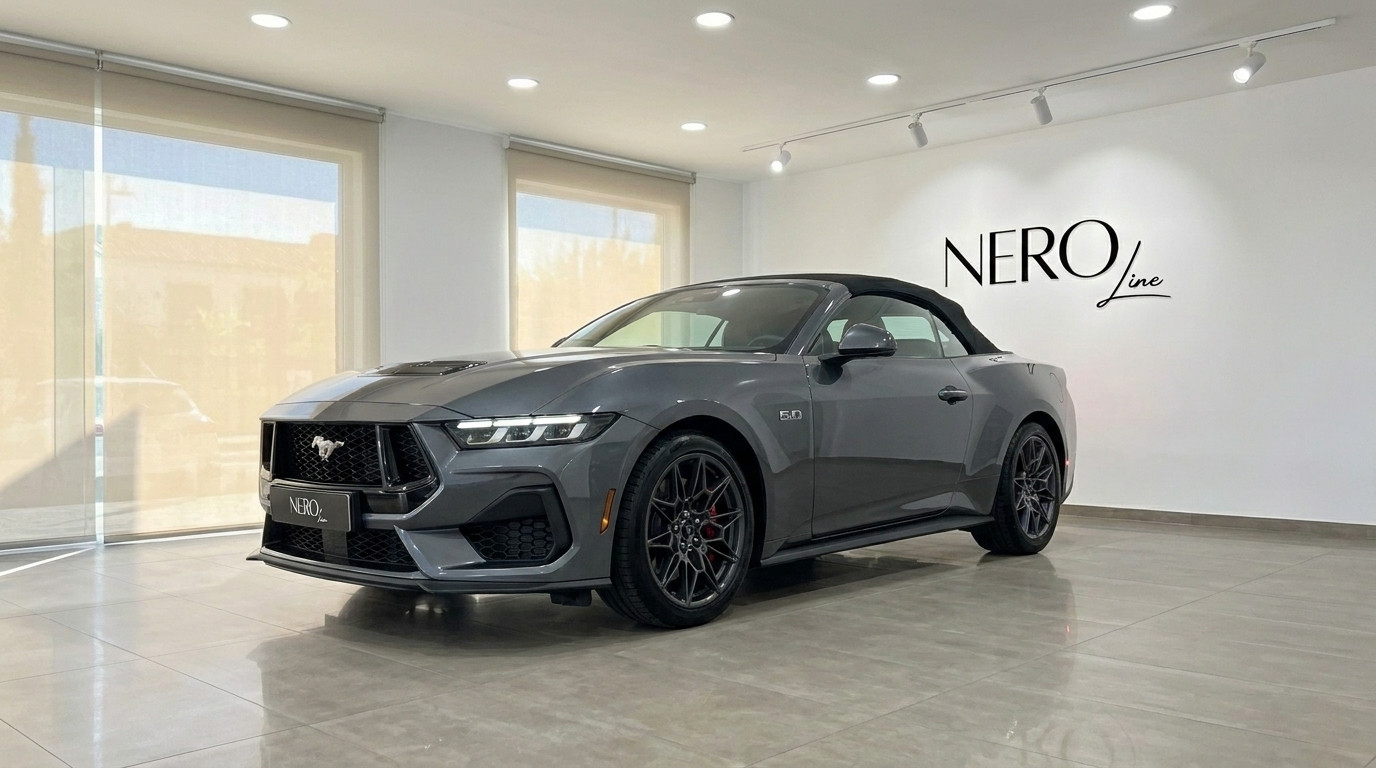 Ford Mustang GT Cabrio (2025) — Vista showroom La Ford Mustang GT Cabrio (2025) grigio carbonizzato metallizzato è esposta da un'angolazione anteriore a tre quarti in uno showroom a Madrid.