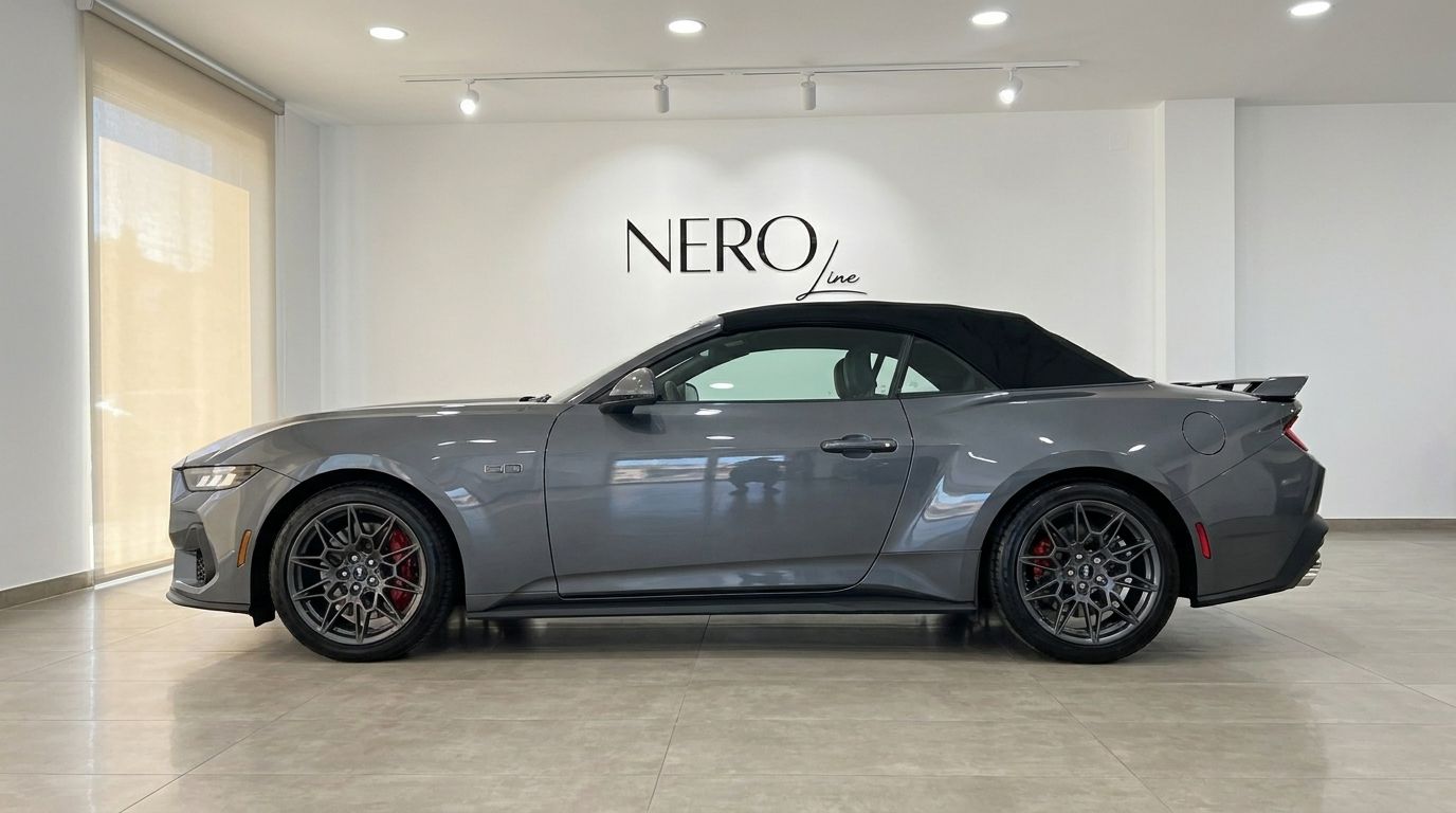 La Ford Mustang GT Cabrio (2025) grigio carbonizzato metallizzato è parcheggiata di lato in uno showroom a Madrid.