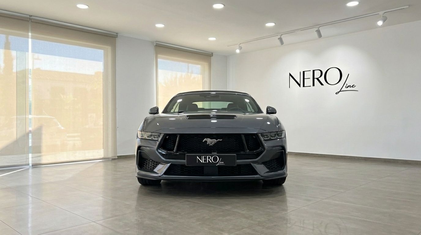 La Ford Mustang GT Cabrio (2025) grigio carbonizzato metallizzato è esposta frontalmente in uno showroom luminoso a Madrid.