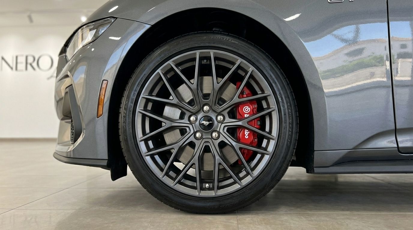 Primo piano della ruota anteriore della Ford Mustang GT Cabrio, che mostra il cerchio in lega scuro e la pinza freno Brembo rossa a Madrid.