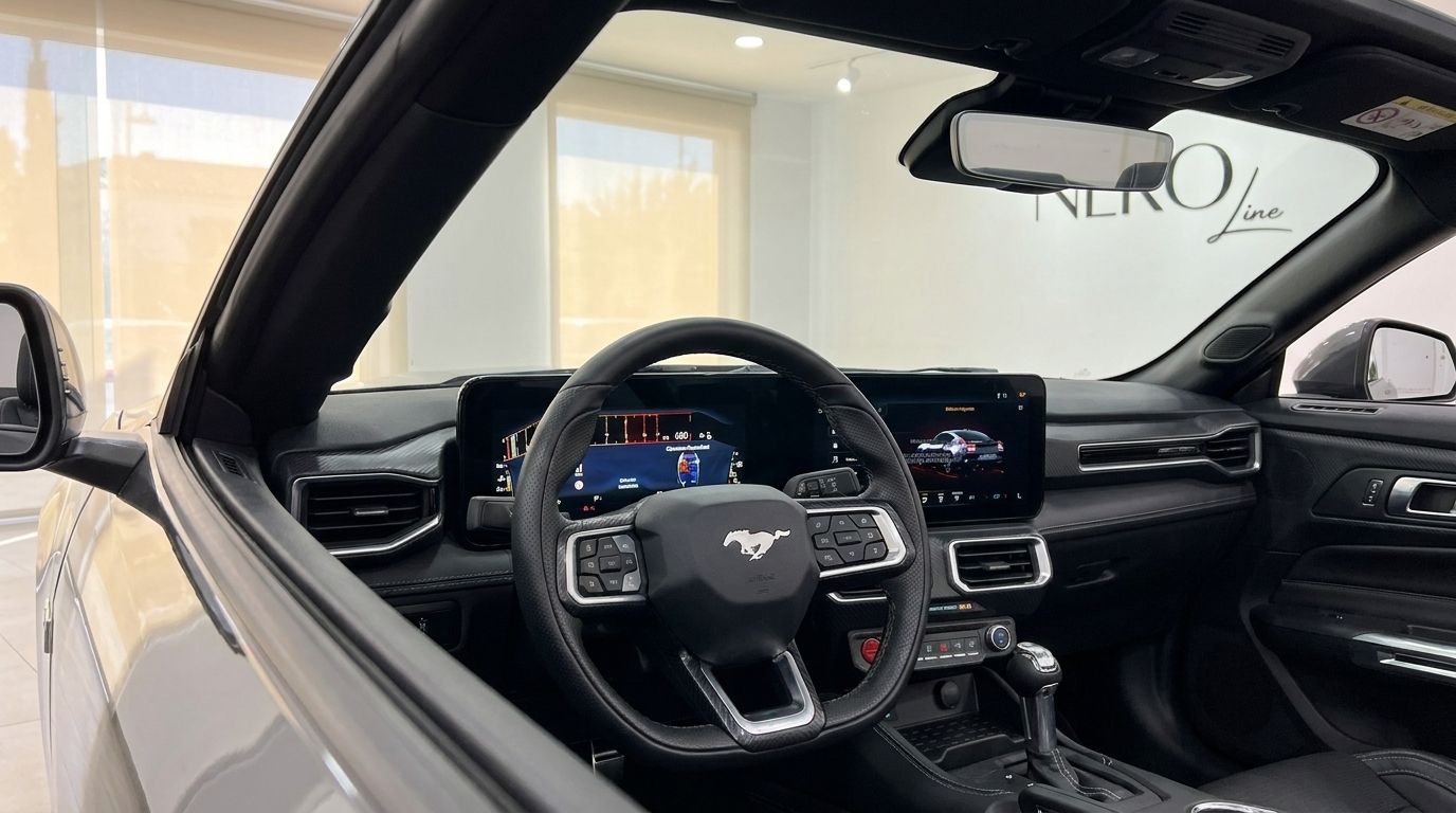 Il moderno abitacolo della Ford Mustang GT Cabrio (2025) in grigio carbonizzato metallizzato, con volante e display digitali a Madrid.