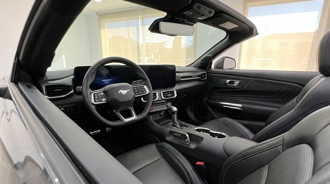 Vista del lussuoso interno nero, cruscotto e sedile del conducente della Ford Mustang GT Cabrio (2025) a Madrid.