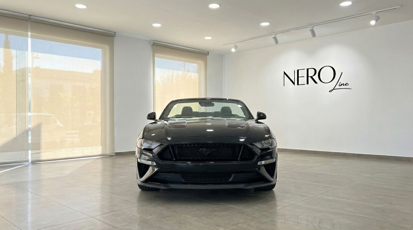 A black Ford Mustang GT Convertible is parked head-on in a showroom with the NEROline logo on the wall in Barcelona.