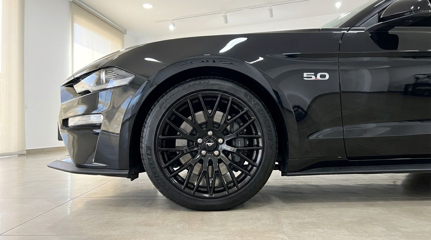 Close-up of the black Ford Mustang GT Convertible's front wheel, tire, and fender with the 5.0 badge in Barcelona.